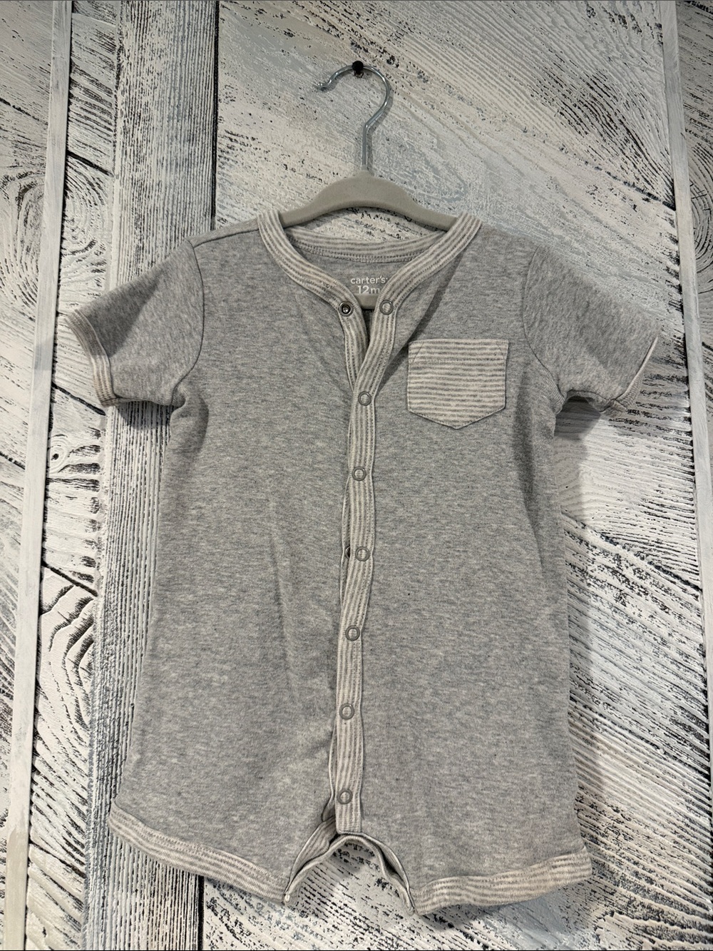 Carter's Light Gray Short-Sleeve Snap Romper with Stripe Trim
